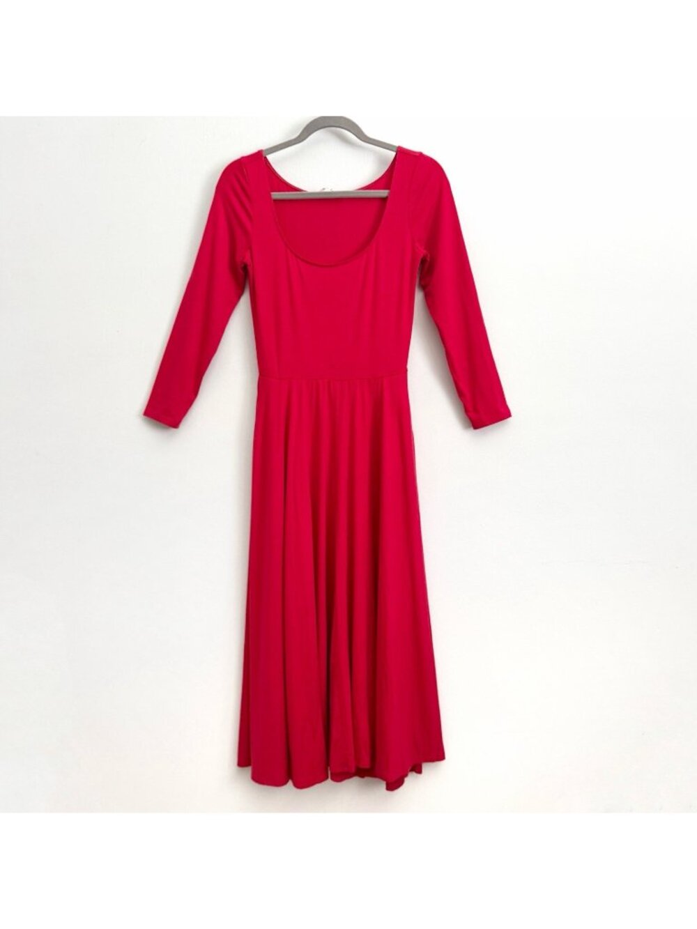Reformation Lou Red Lipstick Midi Dress 3/4 Sleeve Scoop Neck Pockets Sz Medium